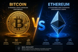 Bitcoin vs Ethereum: Qual Vale Mais a Pena em 2026? 1 Bitcoin e Ethereum lideram o mercado global de criptomoedas. - Fonte: Imagem gerada por IA (DALL·E / ChatGPT)