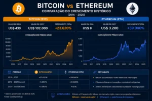 Bitcoin vs Ethereum: Qual Vale Mais a Pena em 2026? 2 Bitcoin e Ethereum apresentaram forte valorização histórica no mercado cripto. - Fonte: Imagem gerada por IA (DALL·E / ChatGPT)