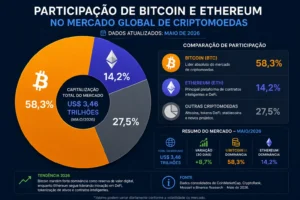 Bitcoin vs Ethereum: Qual Vale Mais a Pena em 2026? 4 Bitcoin e Ethereum continuam dominando grande parte do mercado cripto. - Fonte: Imagem gerada por IA (DALL·E / ChatGPT)