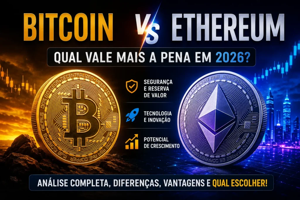 Bitcoin vs Ethereum: Qual Vale Mais a Pena em 2026? - Fonte: Imagem gerada por IA (DALL·E / ChatGPT)