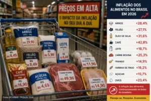 Quanto Custa Viver no Brasil 2026? Veja os Valores 4 O aumento dos alimentos continua sendo um dos maiores desafios financeiros das famílias brasileiras. - Fonte: Imagem gerada por IA (DALL·E / ChatGPT)