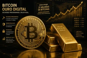 O Que é Halving? Entenda Como Isso Impacta o Bitcoin 3 O Bitcoin é frequentemente comparado ao ouro devido à sua escassez programada. - Fonte: Imagem gerada por IA (DALL·E / ChatGPT)