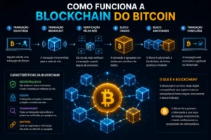 Bitcoin Para Iniciantes: Guia Completo 2026 1 A blockchain registra todas as transações do Bitcoin de forma segura e descentralizada. - Fonte: Imagem gerada por IA (DALL·E / ChatGPT)