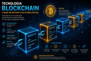 Bitcoin Para Iniciantes: Guia Completo 2026 2 A blockchain é a tecnologia responsável pela segurança do Bitcoin. - Fonte: Imagem gerada por IA (DALL·E / ChatGPT)