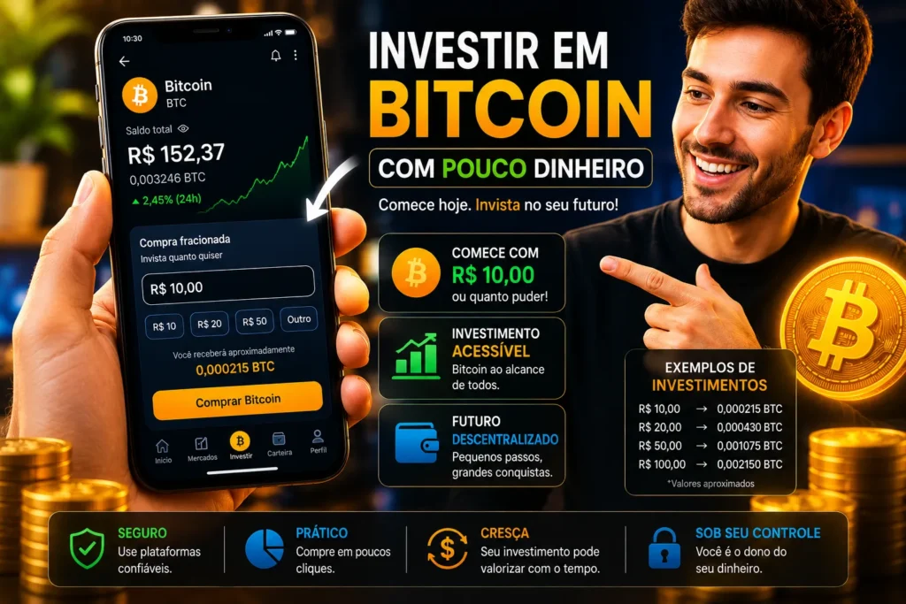 Como Investir Pouco Dinheiro em Bitcoin - Fonte: Imagem gerada por IA (DALL·E / ChatGPT)