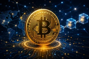 Como Investir Pouco Dinheiro em Bitcoin 1 O Bitcoin funciona através de uma rede descentralizada baseada em blockchain. - Fonte: Imagem gerada por IA (DALL·E / ChatGPT)