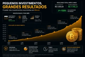 Como Investir Pouco Dinheiro em Bitcoin 2 Pequenos aportes frequentes podem construir patrimônio no longo prazo. - Fonte: Imagem gerada por IA (DALL·E / ChatGPT)