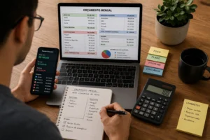 Como Sair do Salário Mínimo em 2026 1 Organizar a vida financeira é um dos primeiros passos para aumentar a renda. - Fonte: Imagem gerada por IA (DALL·E / ChatGPT)