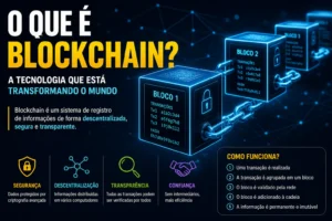 O Que é Blockchain? Guia Simples e Completo 1 Entenda de forma simples como funciona a tecnologia blockchain. - Fonte: Imagem gerada por IA (DALL·E / ChatGPT)