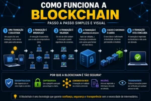 O Que é Blockchain? Guia Simples e Completo 2 A blockchain registra dados em blocos conectados de forma segura. - Fonte: Imagem gerada por IA (DALL·E / ChatGPT)