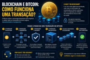 O Que é Blockchain? Guia Simples e Completo 3 O Bitcoin utiliza a blockchain para registrar transações. - Fonte: Imagem gerada por IA (DALL·E / ChatGPT)