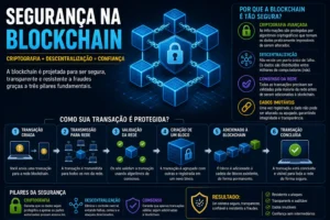 O Que é Blockchain? Guia Simples e Completo 4 A segurança da blockchain vem da descentralização e criptografia. - Fonte: Imagem gerada por IA (DALL·E / ChatGPT)
