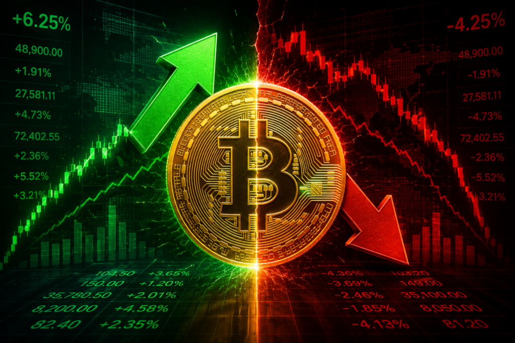Descrição da imagem: Bitcoin dourado dividido entre seta verde de alta e seta vermelha de queda com gráficos financeiros intensos ao fundo. - Fonte: Imagem gerada por IA (DALL·E / ChatGPT)