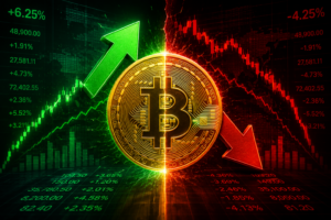 Digital Plane: Finanças, Investimentos e Criptomoedas 2 Descrição da imagem: Bitcoin dourado dividido entre seta verde de alta e seta vermelha de queda com gráficos financeiros intensos ao fundo. - Fonte: Imagem gerada por IA (DALL·E / ChatGPT)