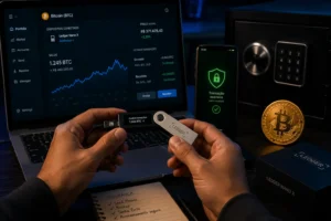 Bitcoin Vai Subir ou Cair? Veja o Cenário Real 3 Segurança continua sendo uma das partes mais importantes do mercado cripto. - Fonte: Imagem gerada por IA (DALL·E / ChatGPT)