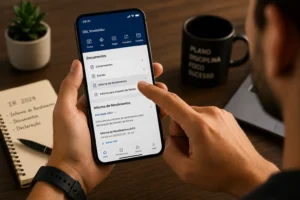 Documentos Necessários para Declarar Imposto de Renda 1 Hoje a maioria dos informes pode ser baixada digitalmente em poucos minutos. - Fonte: Imagem gerada por IA (DALL·E / ChatGPT)