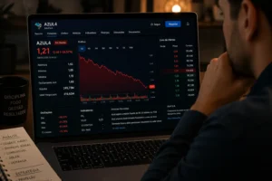 Azul4 Cotação: Vale a Pena Acompanhar em 2026? 2 As ações da Azul passaram por períodos de extrema volatilidade após a reestruturação financeira da companhia. - Fonte: Imagem gerada por IA (DALL·E / ChatGPT)
