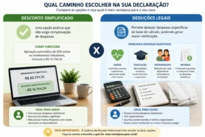 Como Funciona o Desconto Simplificado do Imposto de Renda 1 A melhor escolha depende do tamanho das suas deduções comprovadas. - Fonte: Imagem gerada por IA (DALL·E / ChatGPT)