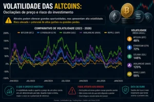 Altcoins Promissoras 2026: Guia Completo 4 Altcoins podem valorizar rápido, mas também cair com intensidade. - Fonte: Imagem gerada por IA (DALL·E / ChatGPT)