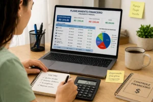 Salário Mínimo 2026: Valor Atual, Descontos e Impacto Real 4 Pessoa organizando orçamento no computador - Fonte: Imagem gerada por IA (DALL·E / ChatGPT)