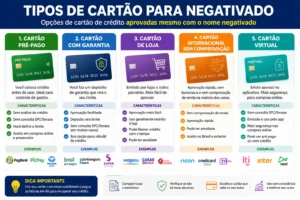 Cartão para Negativado Sem Consulta SPC: Guia 2026 2 Conheça os principais tipos de cartões disponíveis para negativados. - Fonte: Imagem gerada por IA (DALL·E / ChatGPT)