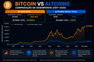Dominância do Bitcoin Explicada (Guia Completo) 3 A relação entre Bitcoin e altcoins varia conforme o ciclo de mercado. - Fonte: Imagem gerada por IA (DALL·E / ChatGPT)