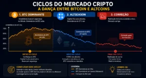 Dominância do Bitcoin Explicada (Guia Completo) 2 O mercado cripto passa por ciclos que afetam diretamente a dominância. - Fonte: Imagem gerada por IA (DALL·E / ChatGPT)