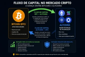 Dominância do Bitcoin Explicada (Guia Completo) 4 O fluxo de capital entre Bitcoin e altcoins indica o comportamento do mercado. - Fonte: Imagem gerada por IA (DALL·E / ChatGPT)
