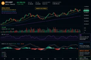 Como Analisar Mercado Cripto e Evitar Prejuízos 2 Indicadores como RSI, MACD e médias móveis ajudam a interpretar força, tendência e possíveis reversões. - Fonte: Imagem gerada por IA (DALL·E / ChatGPT)