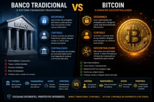 Bitcoin é Seguro? Descubra a Verdade em 2026 2 O Bitcoin oferece descentralização, enquanto bancos oferecem controle centralizado. - Fonte: Imagem gerada por IA (DALL·E / ChatGPT)