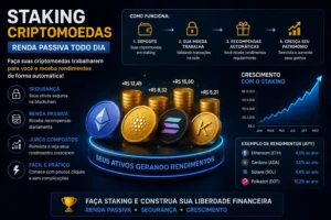 Como Ganhar Dinheiro com Cripto em 2026 3 O staking permite gerar renda passiva com algumas criptomoedas. - Fonte: Imagem gerada por IA (DALL·E / ChatGPT)