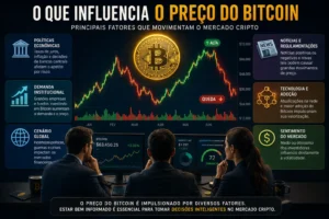 O Que Influencia o Preço do Bitcoin? 1 O preço do Bitcoin é influenciado por diversos fatores econômicos, tecnológicos e emocionais. - Fonte: Imagem gerada por IA (DALL·E / ChatGPT)