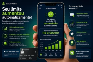 Como Aumentar Limite do Cartão em 2026 4 Bancos digitais usam inteligência artificial para analisar aumentos de limite. - Fonte: Imagem gerada por IA (DALL·E / ChatGPT)
