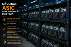 O Que É Mineração de Bitcoin? Guia Completo 3 ASICs são os equipamentos mais usados na mineração profissional de Bitcoin. - Fonte: Imagem gerada por IA (DALL·E / ChatGPT)