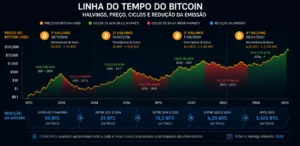 O Que É Mineração de Bitcoin? Guia Completo 5 Historicamente, os ciclos de alta do Bitcoin aconteceram após os halvings. - Fonte: Imagem gerada por IA (DALL·E / ChatGPT)