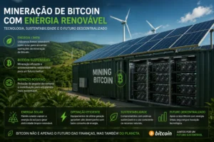 O Que É Mineração de Bitcoin? Guia Completo 6 Parte da mineração moderna utiliza fontes renováveis de energia. - Fonte: Imagem gerada por IA (DALL·E / ChatGPT)