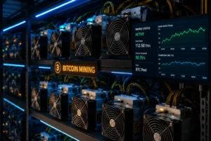 Como Ganhar Dinheiro com Bitcoin em 2026 3 A mineração profissional exige estrutura e alto consumo de energia. - Fonte: Imagem gerada por IA (DALL·E / ChatGPT)