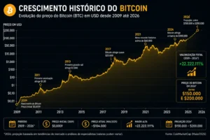 Como Ganhar Dinheiro com Bitcoin em 2026 4 Apesar das quedas temporárias, o Bitcoin apresentou forte crescimento histórico. - Fonte: Imagem gerada por IA (DALL·E / ChatGPT)