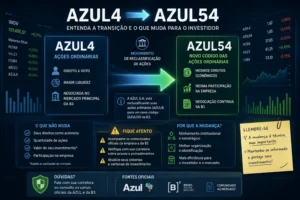 Azul4 Virou Azul54: Entenda o Que Mudou 2 AZUL4 passou a AZUL54 em uma mudança ligada à reorganização financeira da Azul. - Fonte: Imagem gerada por IA (DALL·E / ChatGPT)