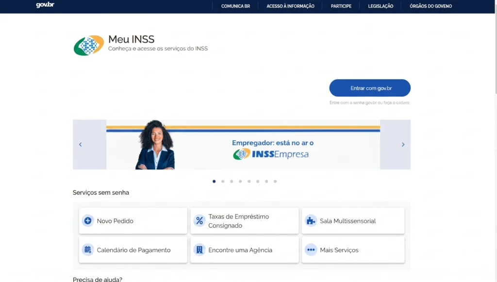 CNIS INSS: Como Emitir o Extrato e Corrigir Erros 2026 1 Interface principal do portal oficial Meu INSS, onde cidadãos e empregadores podem acessar serviços digitais, realizar login via conta gov.br e obter informações cruciais sobre benefícios e o extrato CNIS INSS.