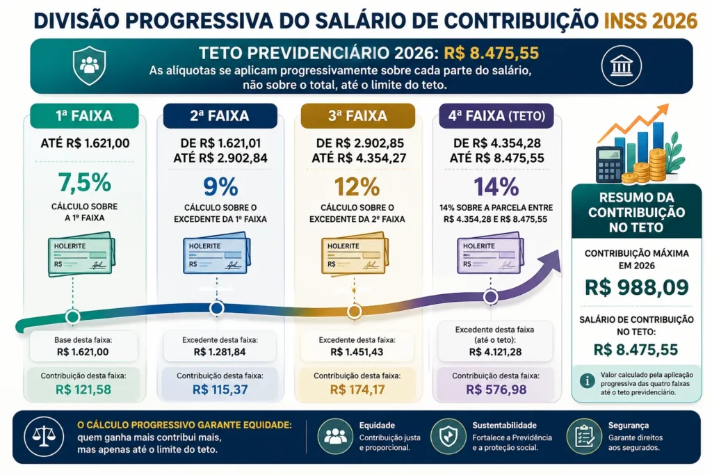 Tabela INSS 2026 com Dedução: Veja Como Calcular 1 Esquema simplificado demonstrando como o salário de contribuição é fatiado na tabela inss 2026 com dedução para evitar a tributação direta sobre o valor bruto total.