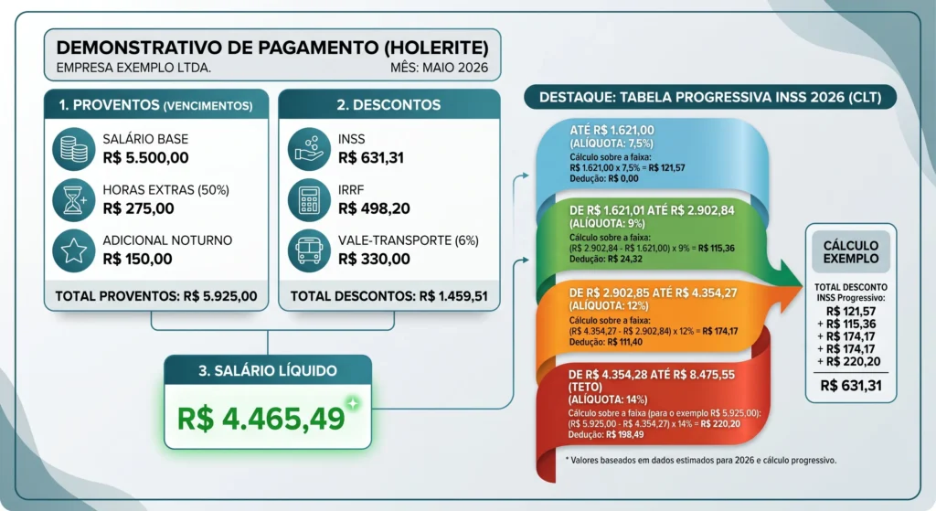 Tabela de Contribuição INSS 2026: Alíquotas e Cálculos 1 Exemplo visual do desconto aplicado pela tabela de contribuição inss 2026 no holerite.