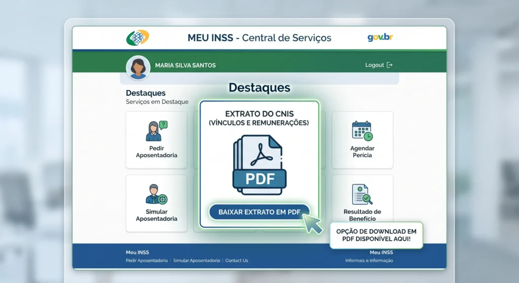 CNIS INSS: Como Emitir o Extrato e Corrigir Erros 2026 2 Tela do sistema Meu INSS para emissão do extrato do CNIS INSS atualizado.