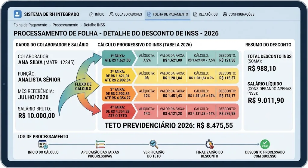 Tabela INSS 2026 com Dedução: Veja Como Calcular 2 Exemplo de preenchimento de holerite utilizando os parâmetros atualizados da tabela inss 2026 com dedução.