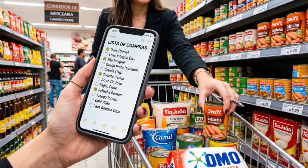 Como Economizar nas Compras: Como Ter o Carrinho Cheio 3 Acompanhar a lista de compras no celular impede compras por impulso e garante o foco na economia.