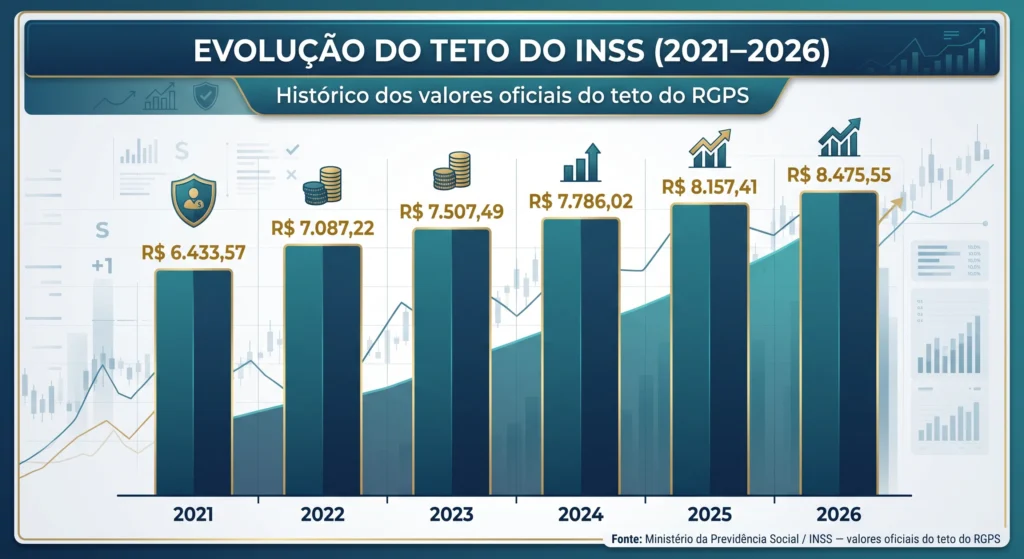 Qual o Teto do INSS em 2026? Descubra o Valor Real 2 Gráfico com a evolução do valor do teto do INSS até 2026.