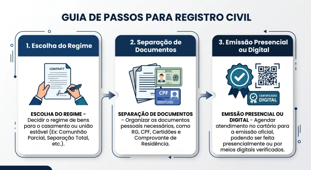 União Estável Simples: Como Fazer, Custos e Regras em 2026 2 Fluxograma das etapas e documentos obrigatórios para validar a união estável simples presencial ou online.
