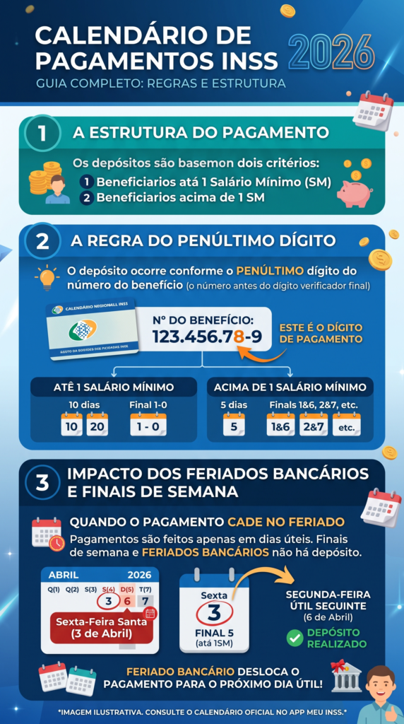 Calendário do INSS 2026: Tabela Completa e Dias de Saque 1 Entenda a estrutura visual das datas no calendário do inss 2026 e localize seu grupo de recebimento sem erros.