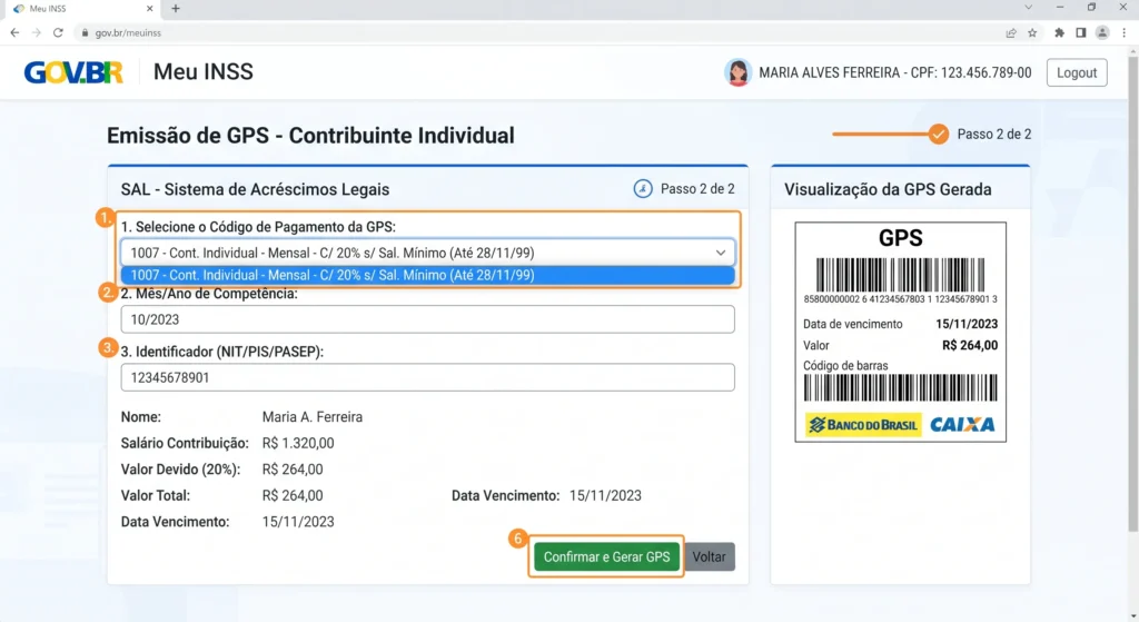 Contribuição INSS Individual: Tabela, Códigos e Valores 2026 2 Tela de geração de guia para contribuição inss individual no sistema oficial.